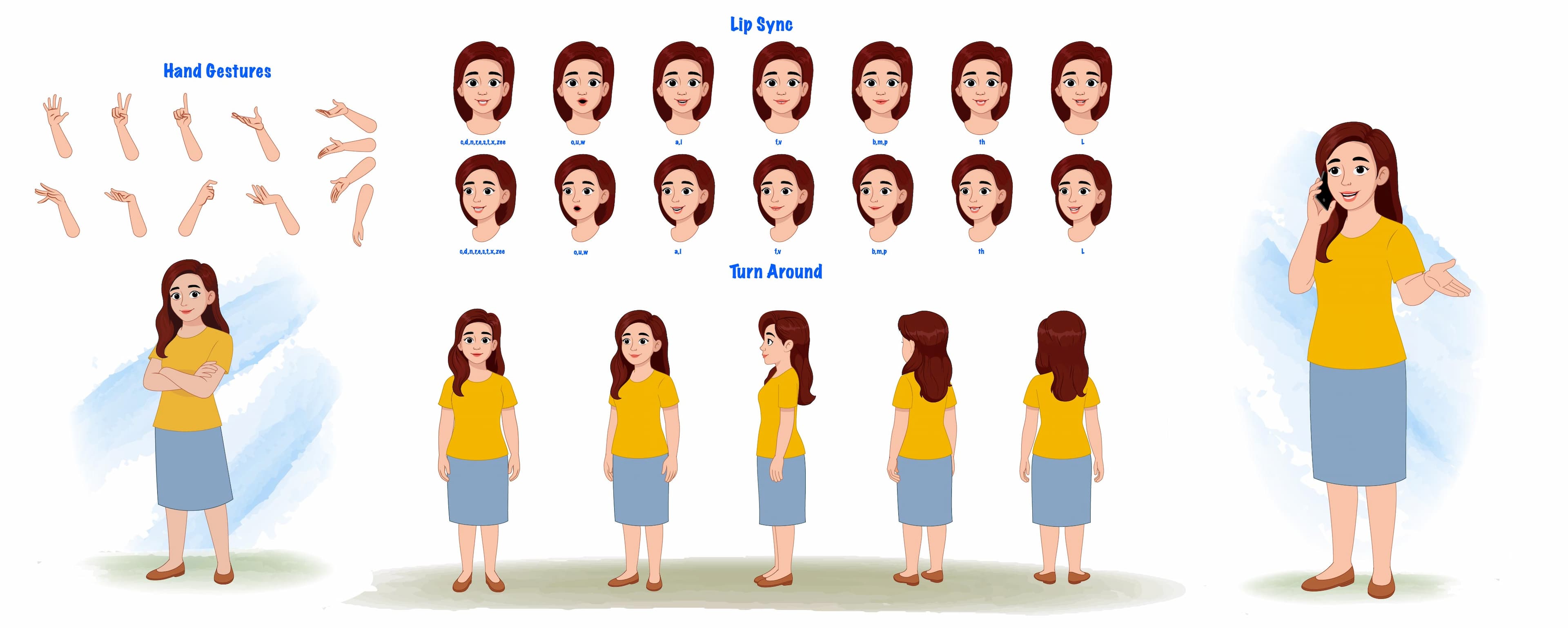 An American woman modelsheet/turnaround pose hand gesture and lip-sync vector cartoon character set AKA Jasmine