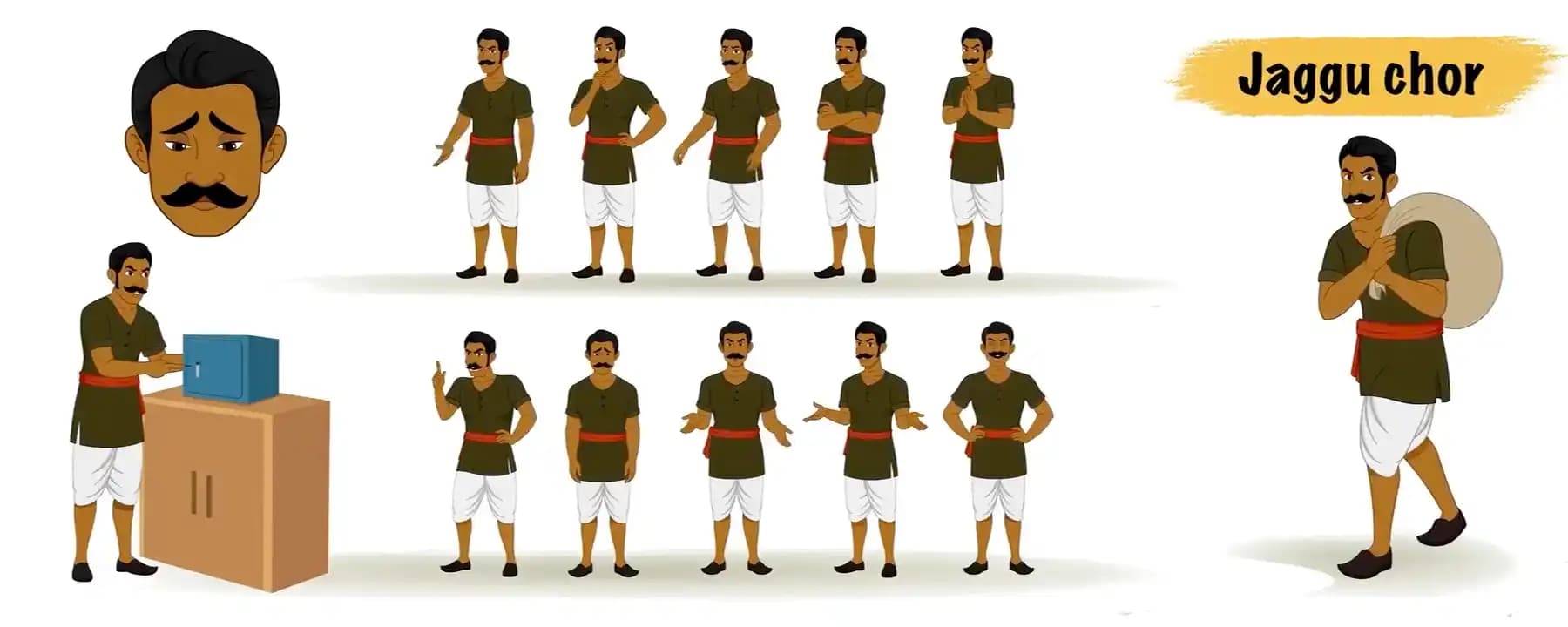 Village zamindar animated vector cartoon character model sheet, image size:1800x720