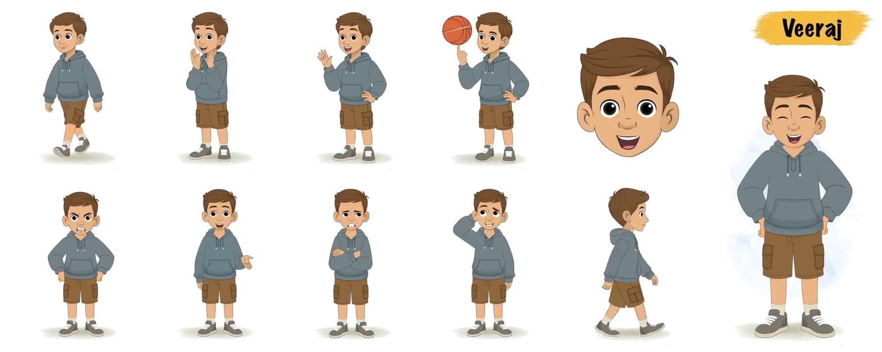 Young brown haired boy in hoodie animated cartoon character vector model sheet AKA Veeraj