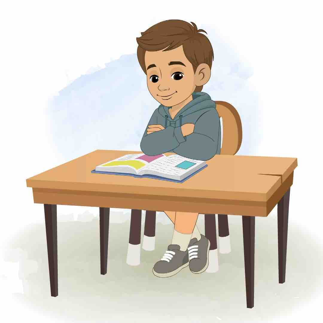 A young brown haired boy in hoodie reading animated vector cartoon character AKA Veeraj