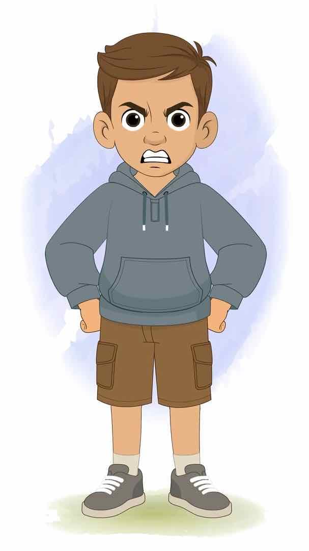 A young brown haired angry boy in hoodie animated vector cartoon character AKA Veeraj