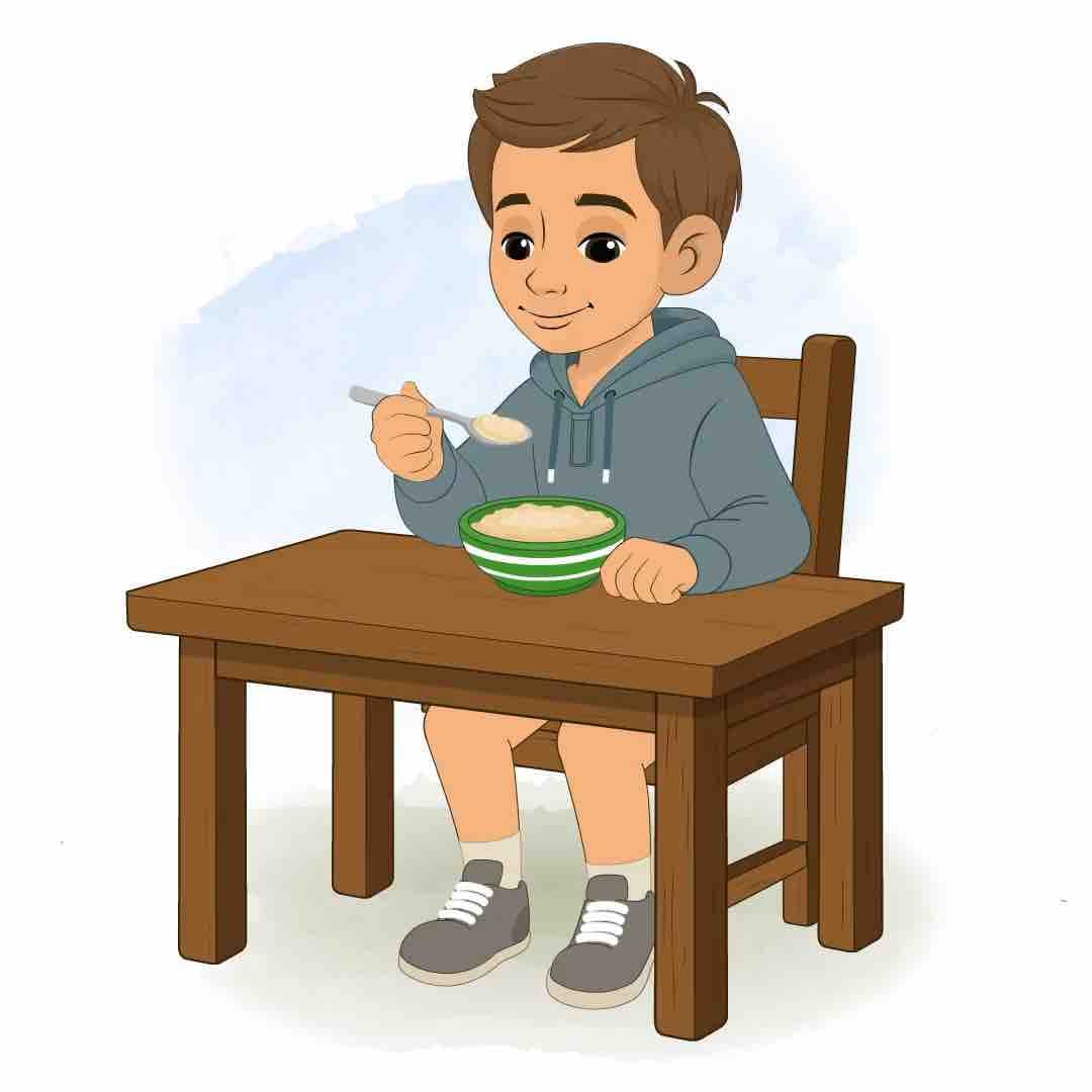 A young brown haired boy in hoodie eating food animated vector cartoon character AKA Veeraj