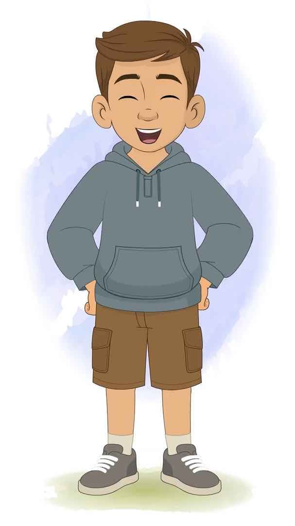 A young brown haired boy in hoodie laughing animated vector cartoon character AKA Veeraj