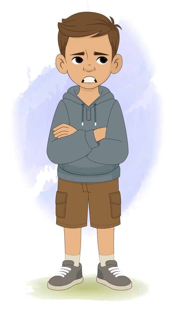 A young brown haired annoyed boy in hoodie animated vector cartoon character AKA Veeraj