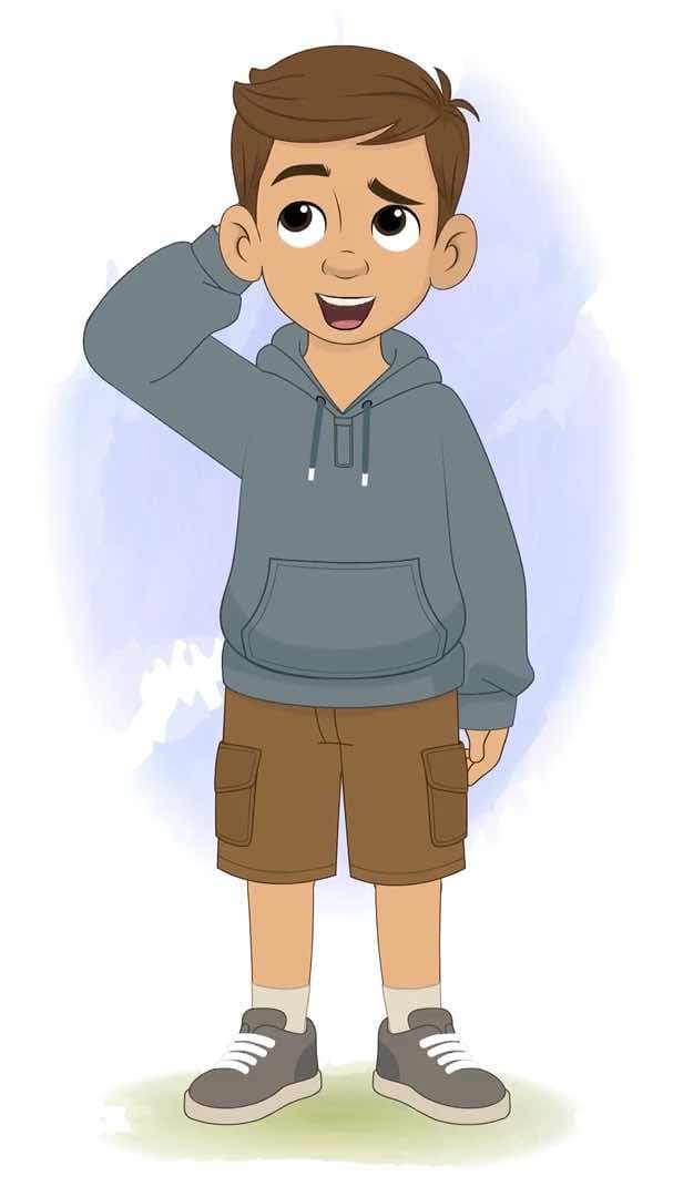 A young brown haired confused boy in hoodie animated vector cartoon character AKA Veeraj