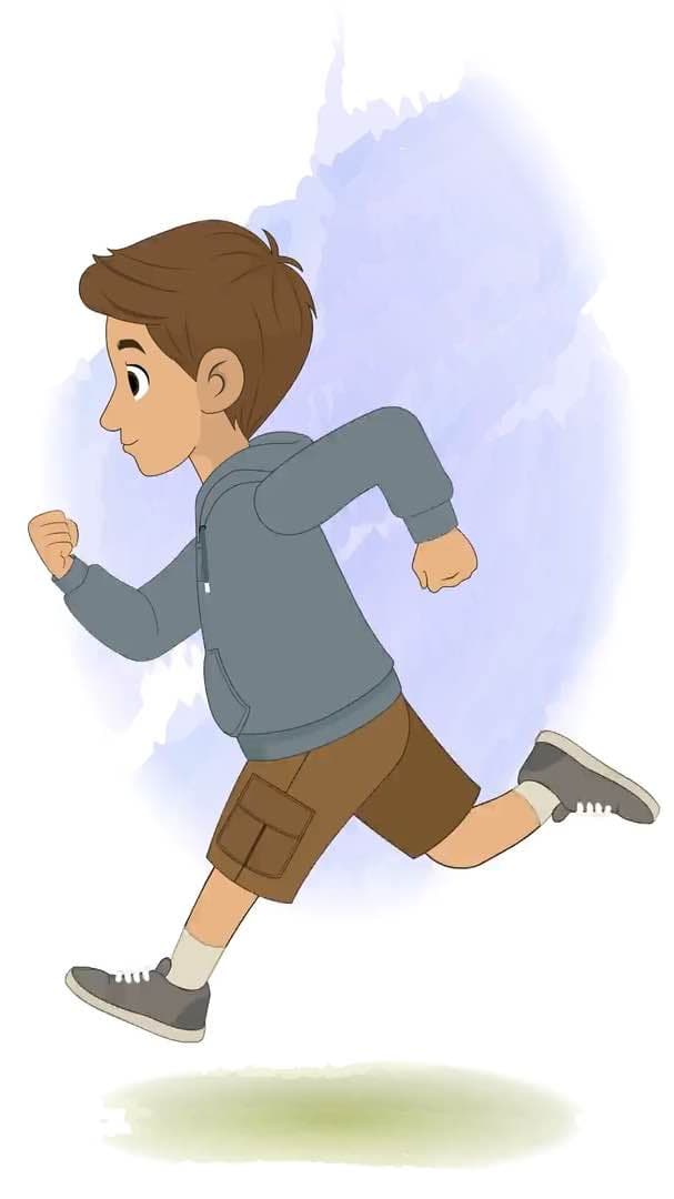 A young brown haired boy in hoodie side running animated vector cartoon character AKA Veeraj