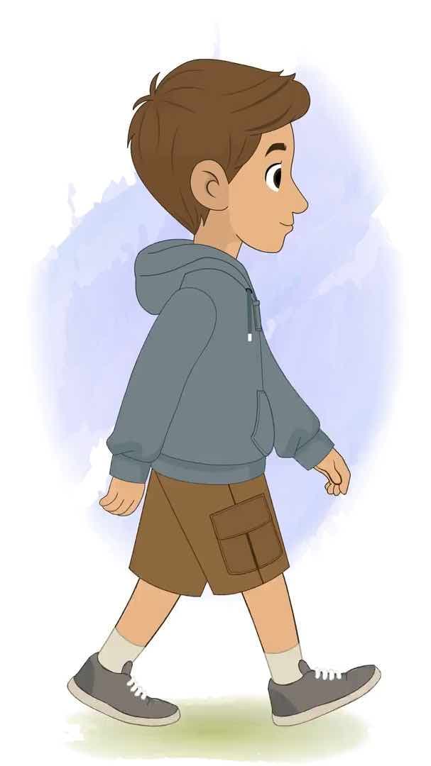 A young brown haired boy in hoodie side walking animated vector cartoon character AKA Veeraj