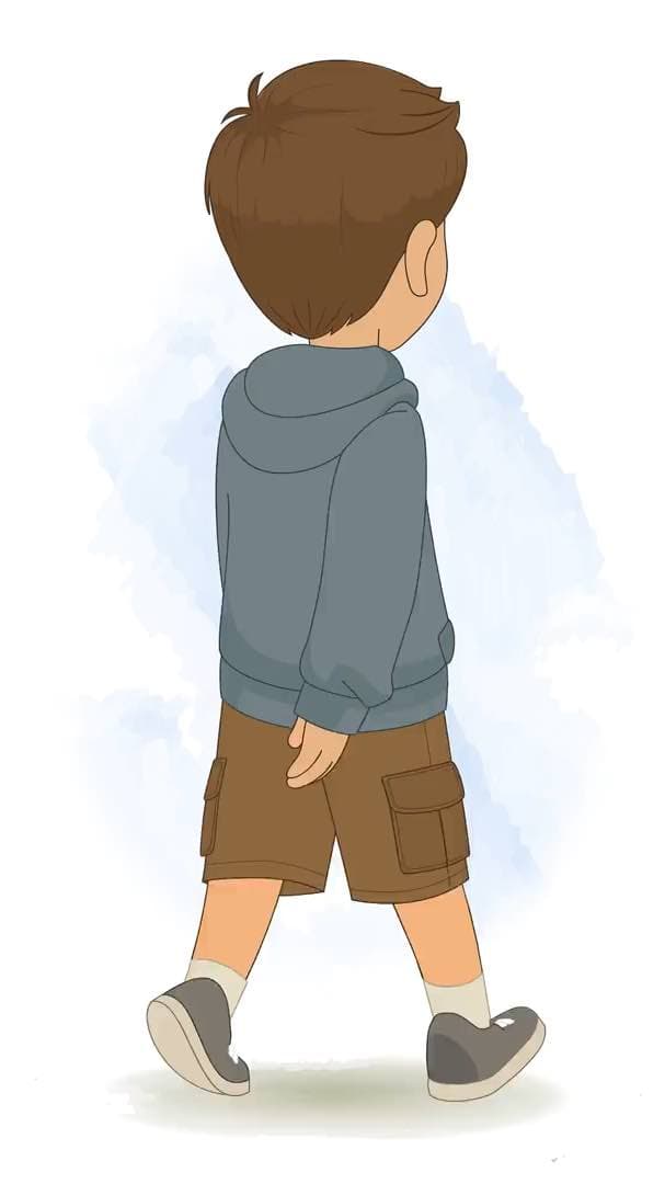 A young brown haired boy in hoodie walking in back third view animated vector cartoon character AKA Veeraj