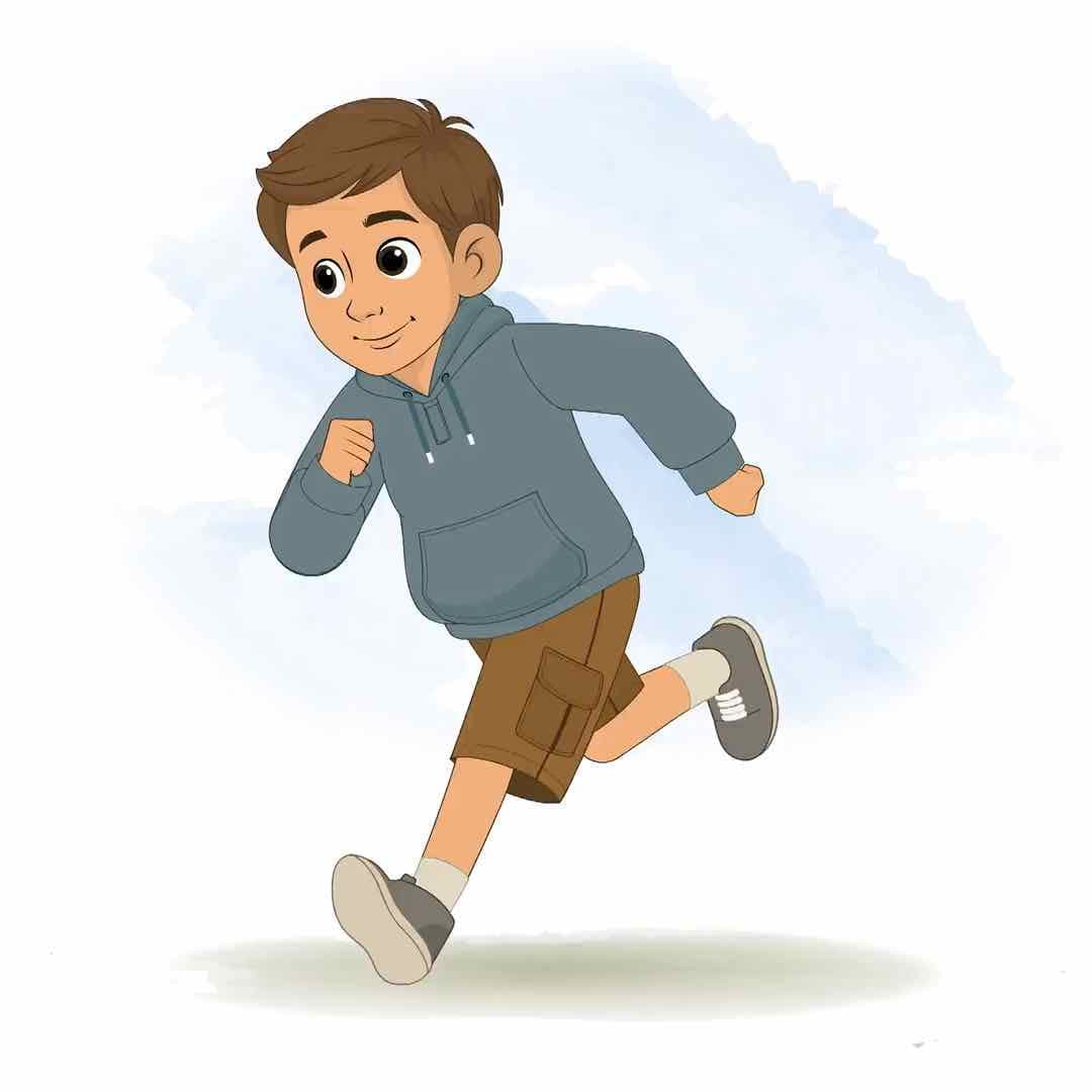 A young brown haired boy in hoodie running animated vector cartoon character AKA Veeraj