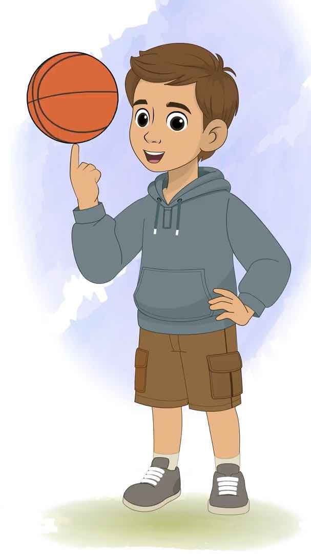 A young brown haired boy in hoodie playing basket ball animated vector cartoon character AKA Veeraj