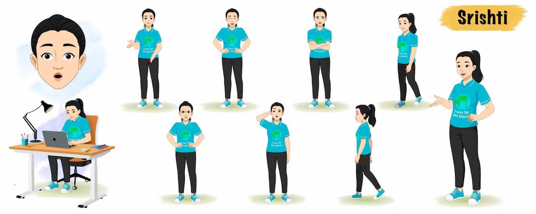 Office character in multiple expressions and poses animated cartoon character model sheet AKA Srishti