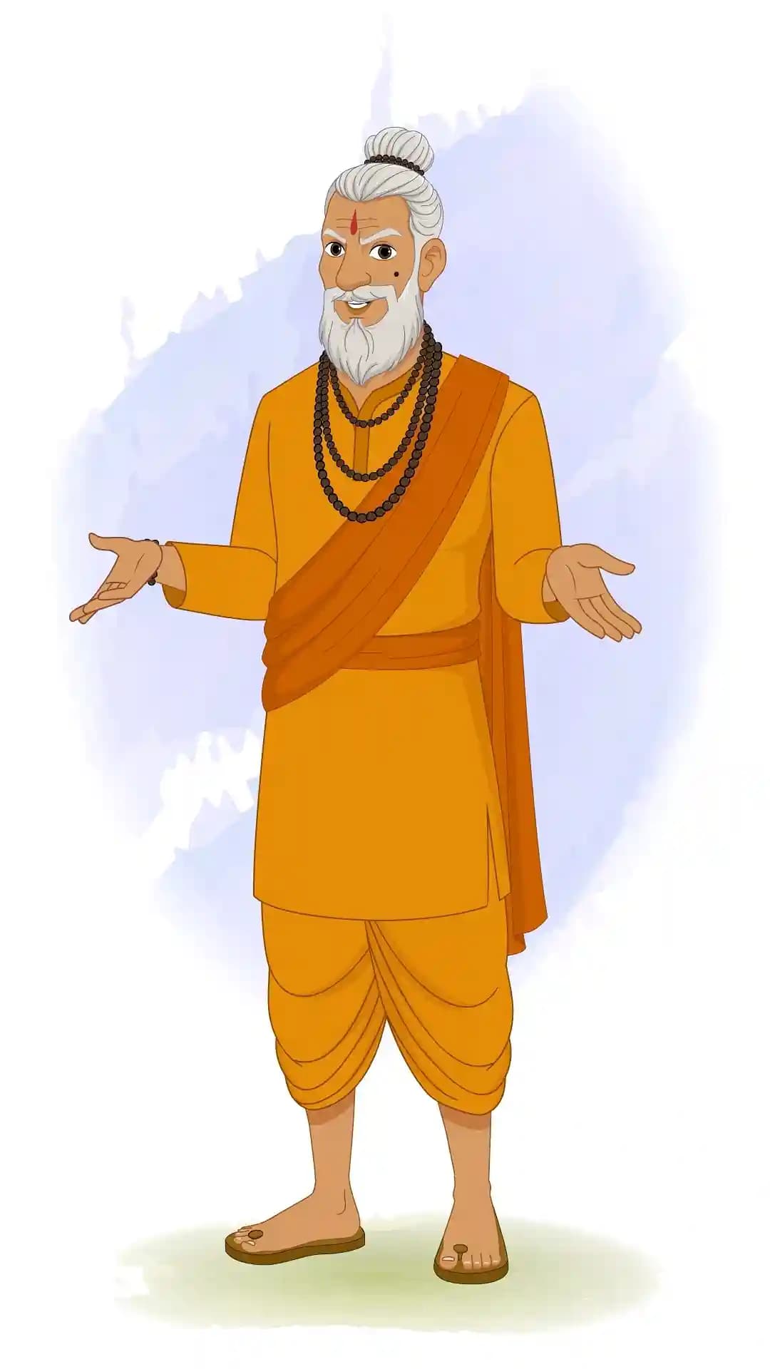 2D animated elder guru Dhongi Baba in a front‑facing talking gesture with open palms, wearing orange robes and a white beard, stylized cartoon AKA Dhongi Baba