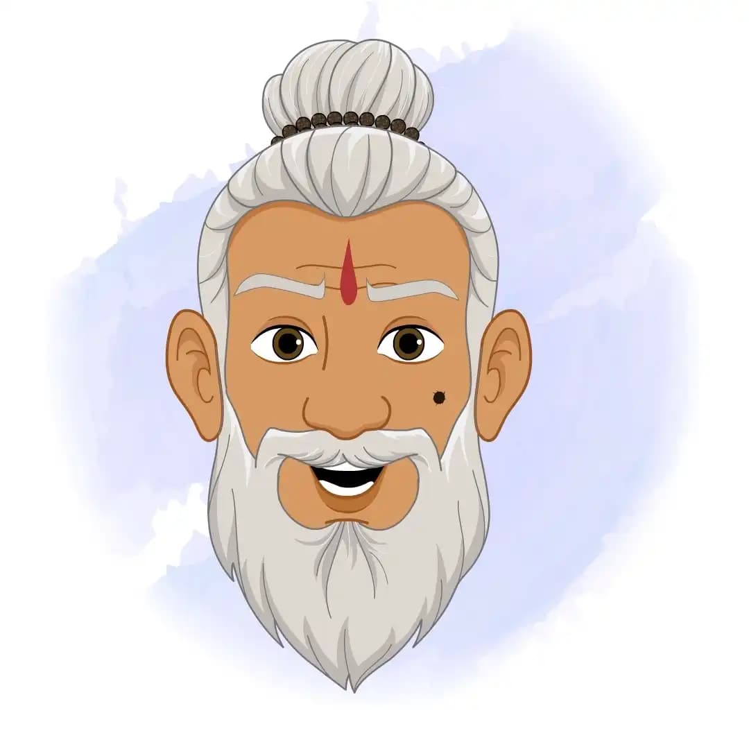 Static illustration of Dhongi Baba’s head in eight distinct expressions—smiling happily, looking sad, furious, eyes wide in surprise, scratching head in confusion, smirking cunningly, laughing heartily, and calm neutral—stylized cartoon AKA Dhongi Baba