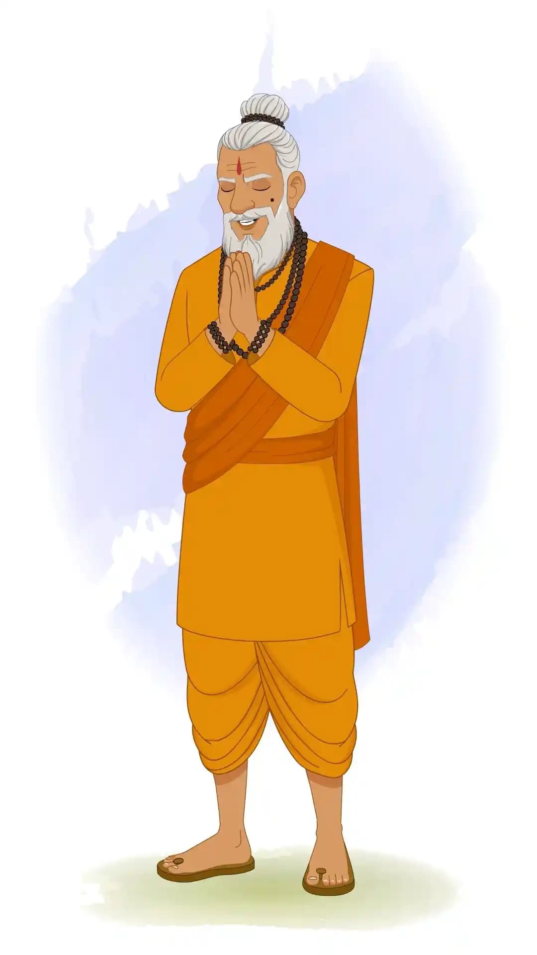 2D animated Dhongi Baba in a one‑third front view with eyes closed and folded hands in a namaste