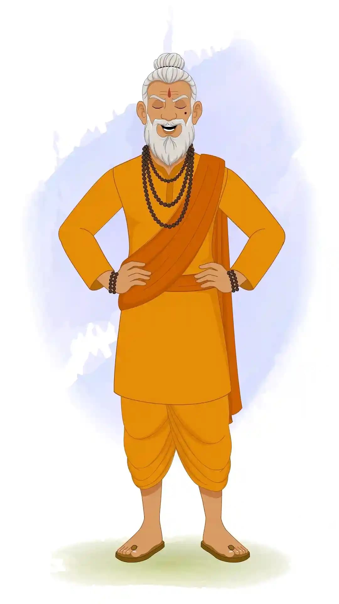 2D animated Dhongi Baba in a front‑facing laughing pose with eyes closed, mouth open in hearty laughter, hands on hips, wearing orange robes and white beard, stylized cartoon AKA Dhongi Baba