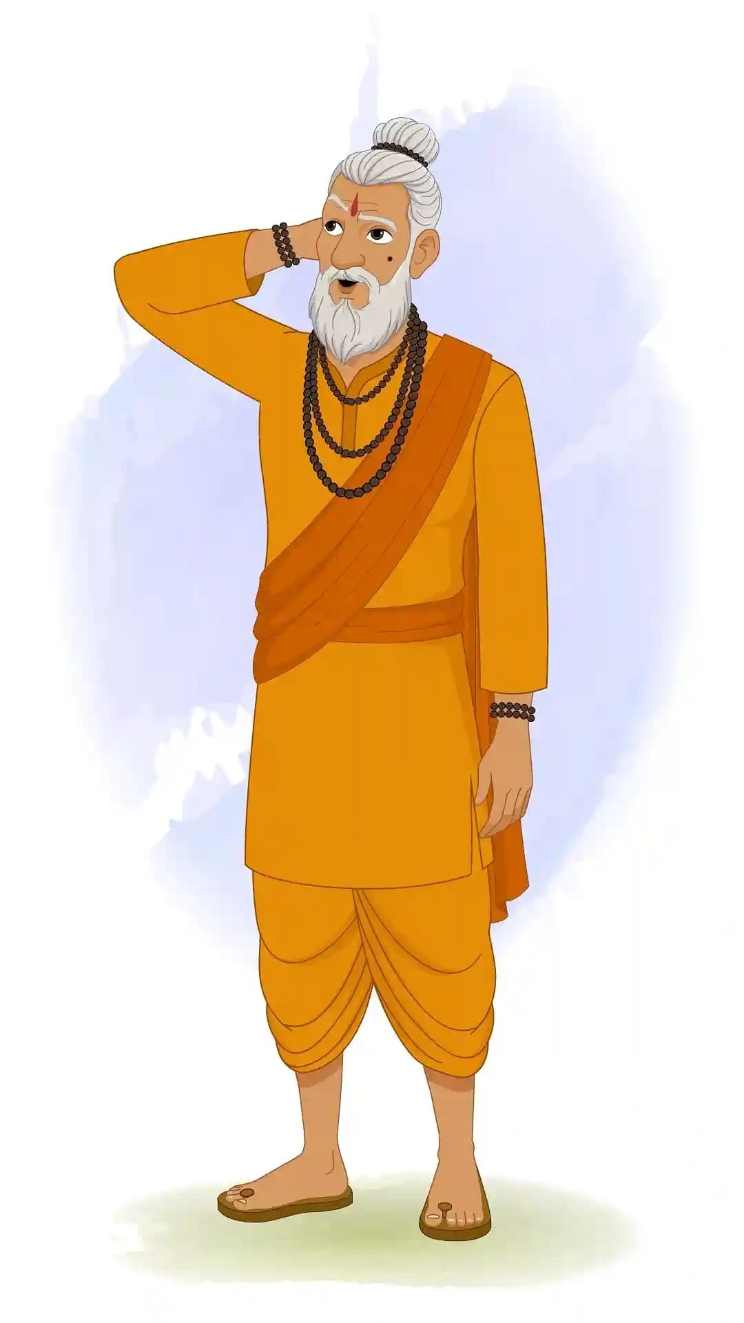 2D animated Dhongi Baba in a one‑third front view scratching his head, eyes looking up in confusion, wearing orange robes and white beard, stylized cartoon AKA Dhongi Baba