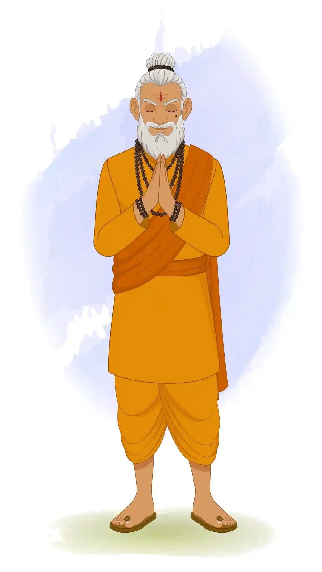 2D animated Dhongi Baba in a front‑facing greeting pose with folded hands and closed eyes, wearing orange robes and white beard, stylized cartoon AKA Dhongi baba