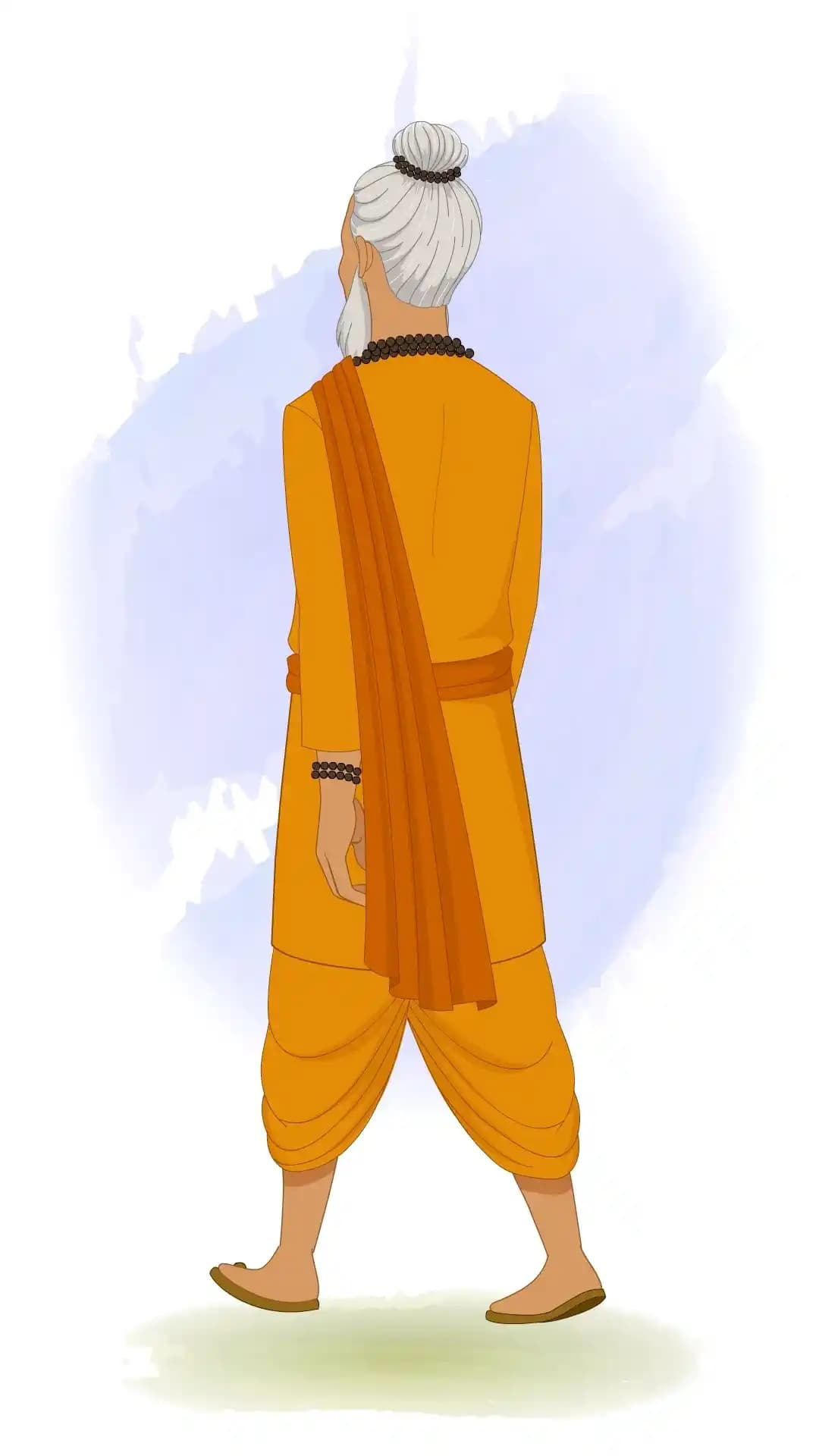 2D animated Dhongi Baba walking away from viewer in a three‑quarter back view with one foot forward and arms swinging, wearing orange robes and white beard, stylized cartoon AKA Dhongi Baba