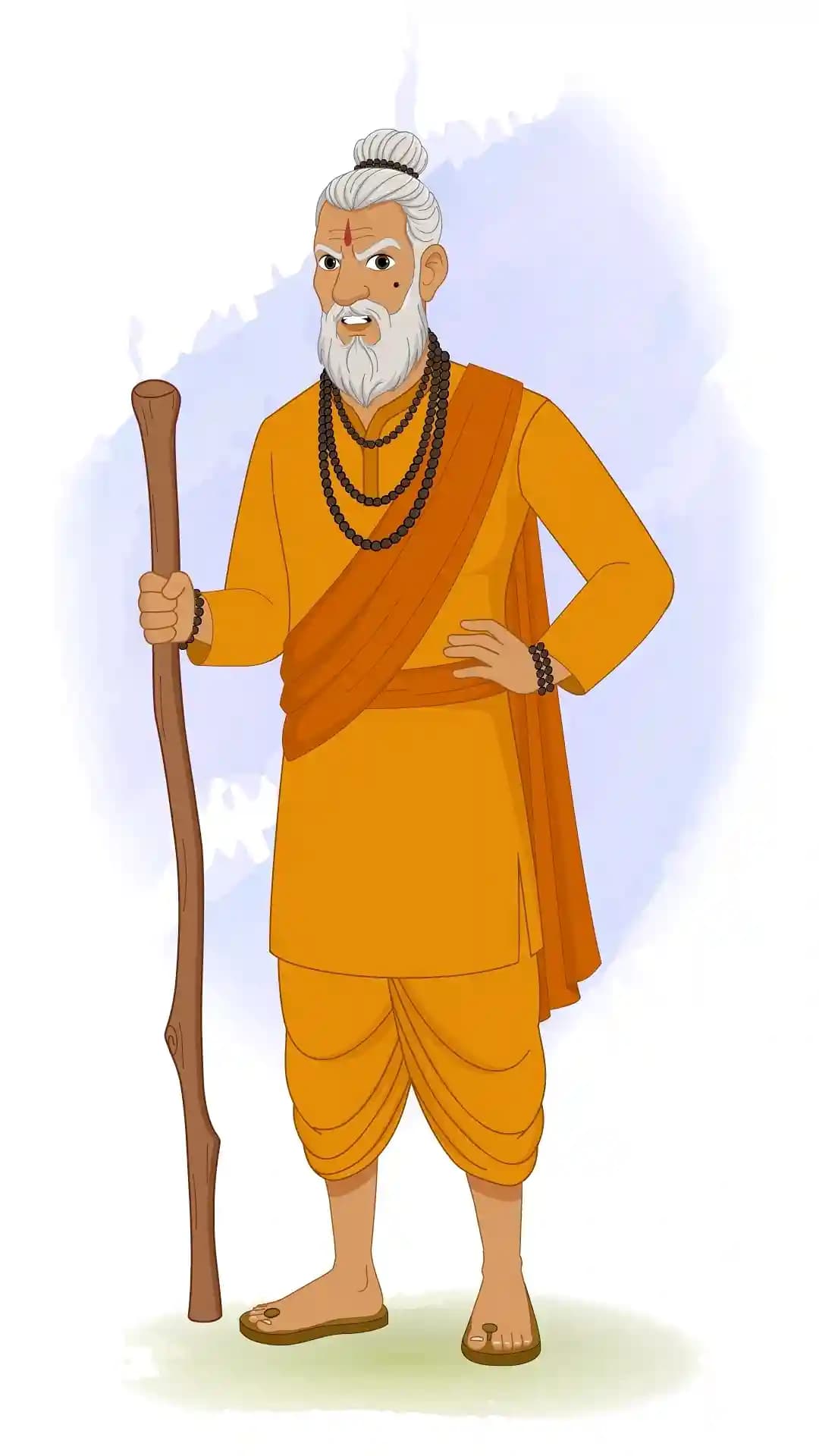 2D animated Dhongi Baba in a one-third front view, gripping a wooden staff with one hand on hip, eyebrows furrowed and mouth open in anger, wearing orange robes and white beard, stylized cartoon AKA Dhongi Baba