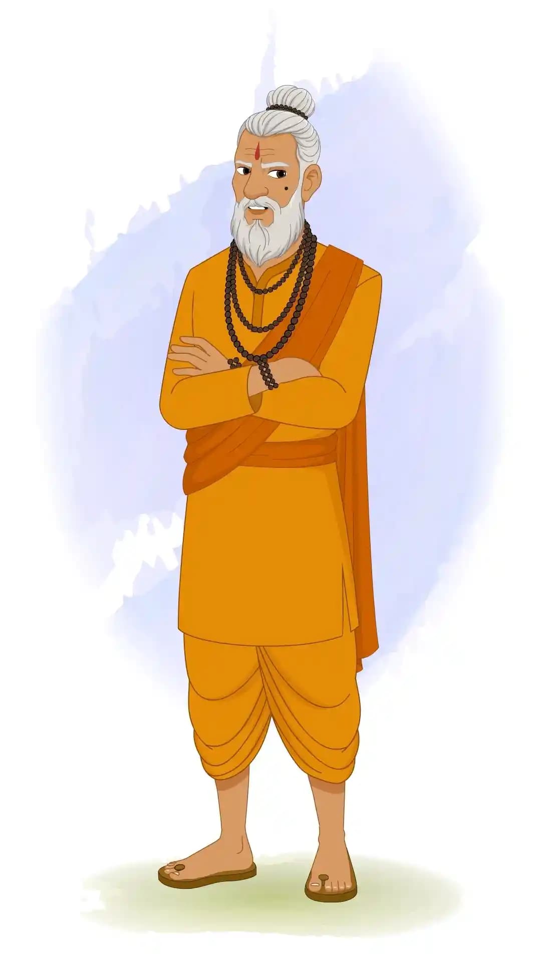 2D animated Dhongi Baba in a one‑third front view with arms crossed and an annoyed expression, wearing orange robes and white beard, stylized cartoon AKA Dhongi Baba