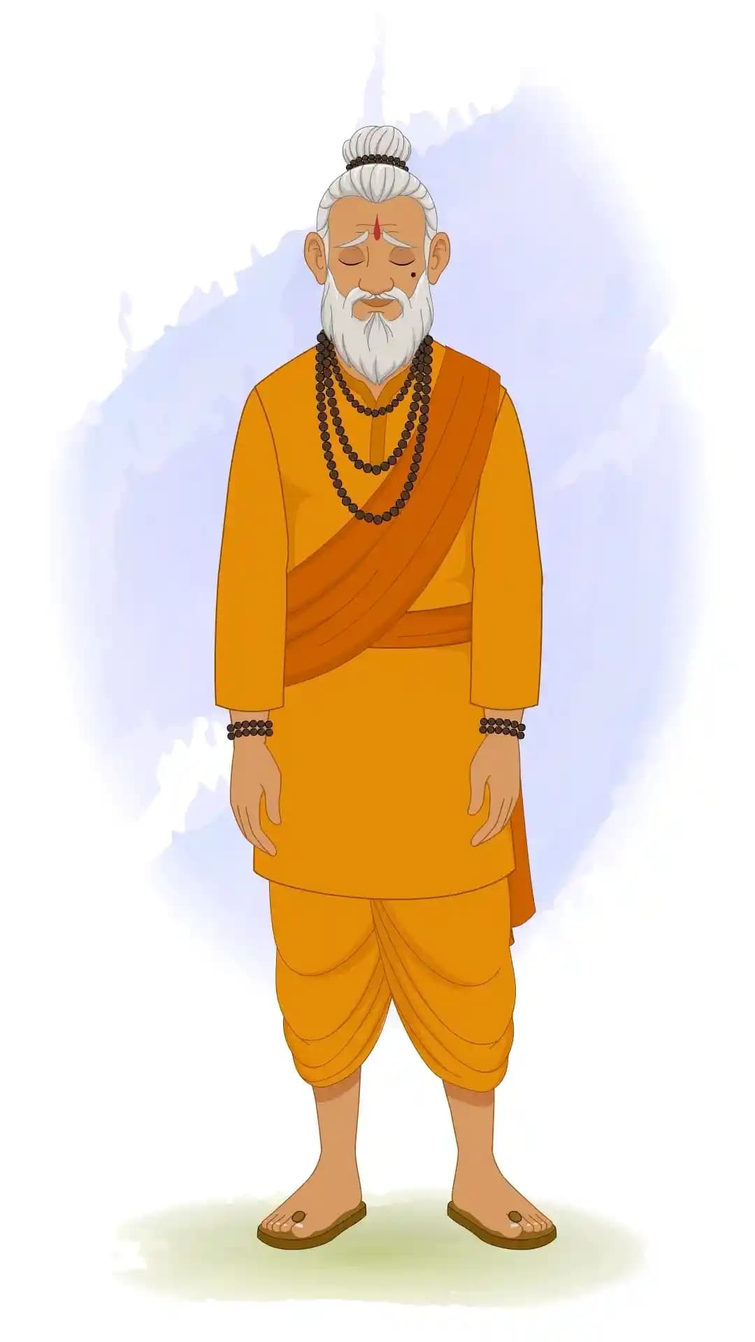 2D animated Dhongi Baba in a front‑facing pose with downcast eyes and slumped shoulders expressing sadness, wearing orange robes and white beard, stylized cartoon AKA Dhongi Baba