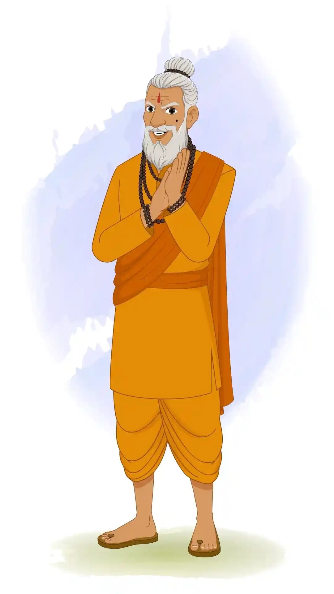 2D animated Dhongi Baba in a three‑quarter view with a sly, cunning smile and raised eyebrow, wearing orange robes and white beard, stylized cartoon AKA Dhongi Baba