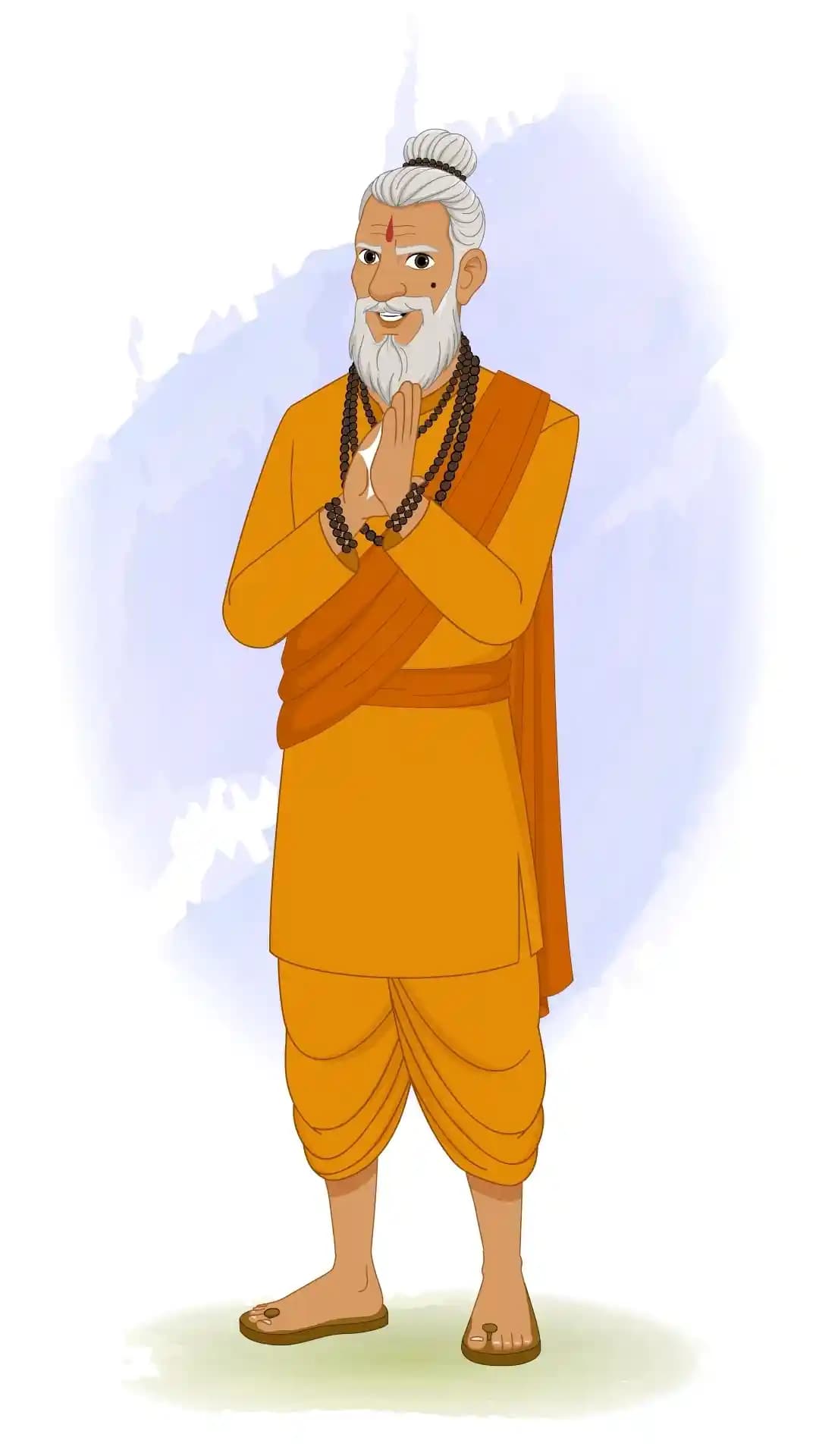 2D animated Dhongi Baba in a three‑quarter front view clapping his hands together with a joyful expression, wearing orange robes and white beard, stylized cartoon AKA Dhongi Baba