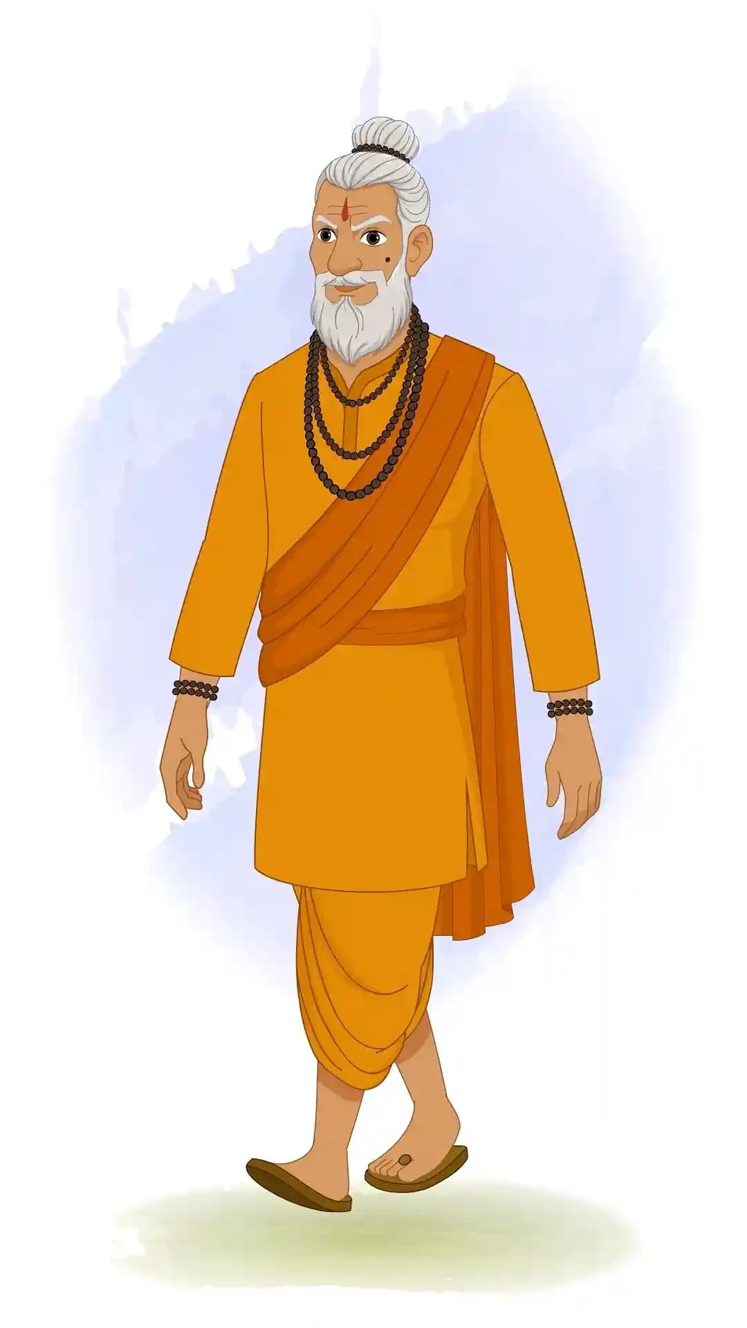 2D animated Dhongi Baba walking in a one‑third front view with one foot forward and arms swinging, wearing orange robes and white beard, stylized cartoon AKA Dhongi Baba
