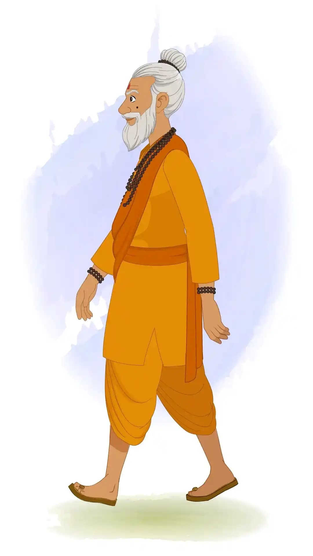 2D animated Dhongi Baba walking in a side profile view with one foot forward and arms swinging, wearing orange robes and white beard, stylized cartoon AKA Dhongi Baba