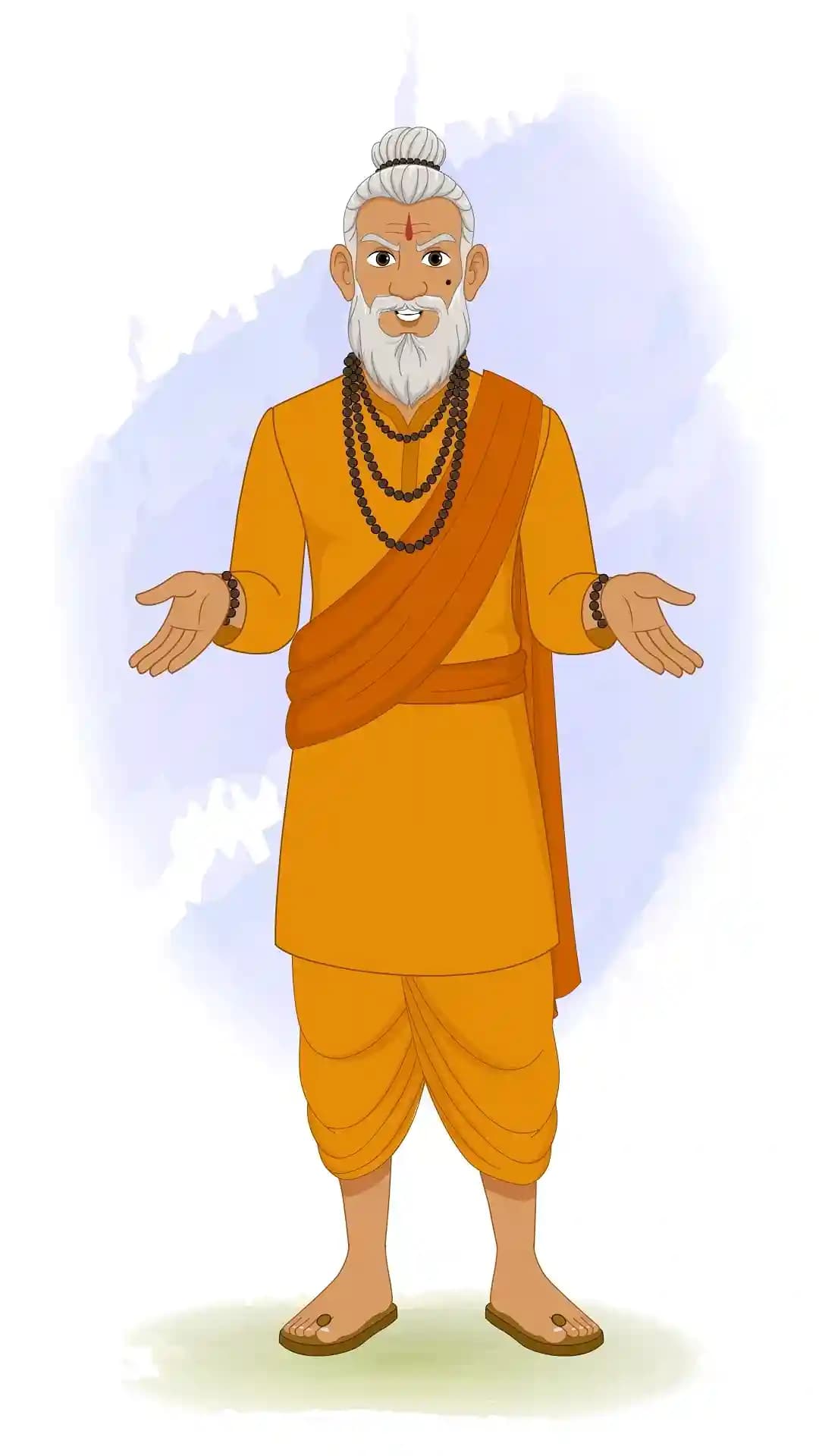 2D animated Dhongi Baba in a front‑facing talking gesture with open palms and expressive face, wearing orange robes, white beard, and topknot bun, stylized cartoon AKA Dhongi Baba
