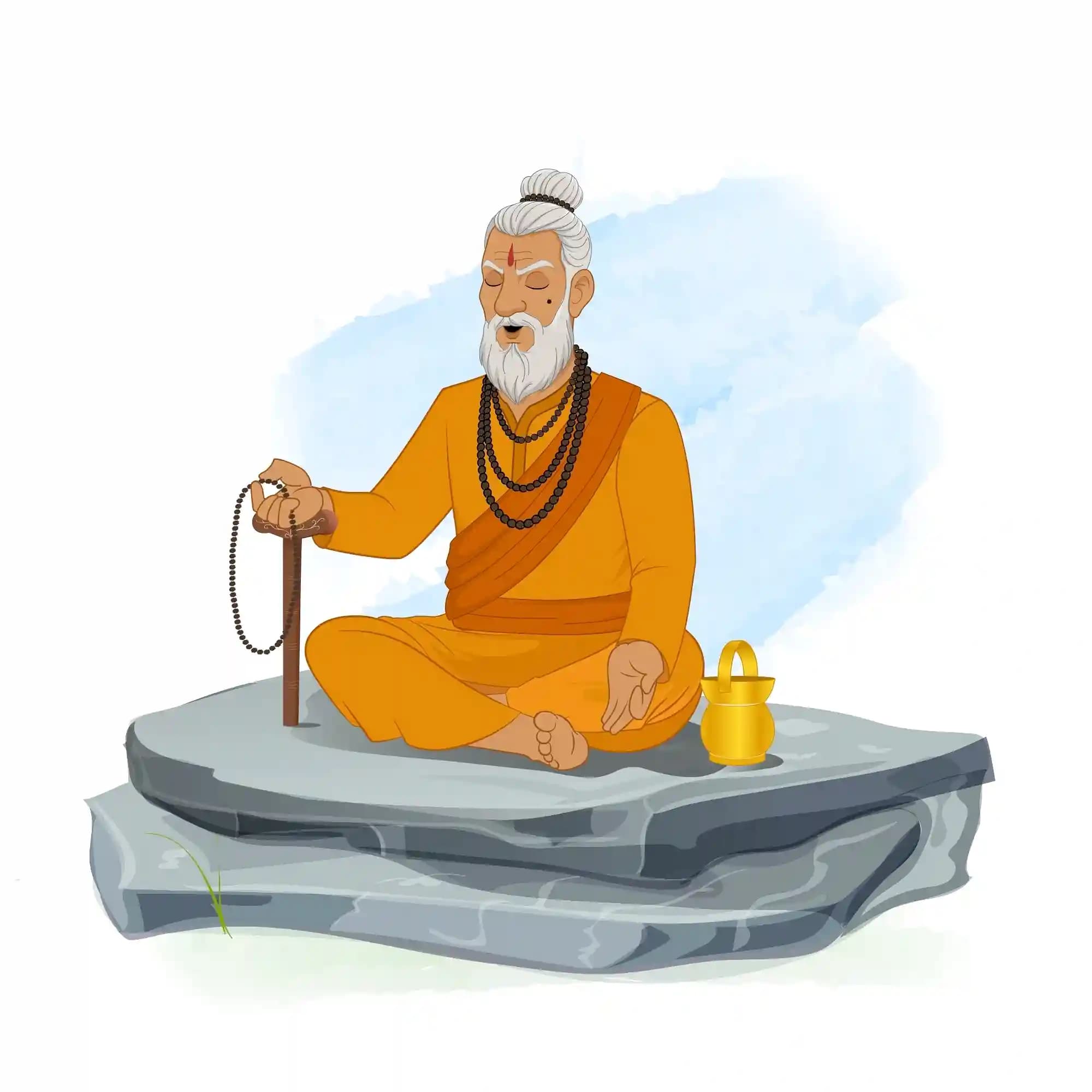 2D animated Dhongi Baba seated cross‑legged in meditation with eyes closed, hands resting on knees, wearing orange robes and white beard, stylized cartoon AKA Dhongi Baba
