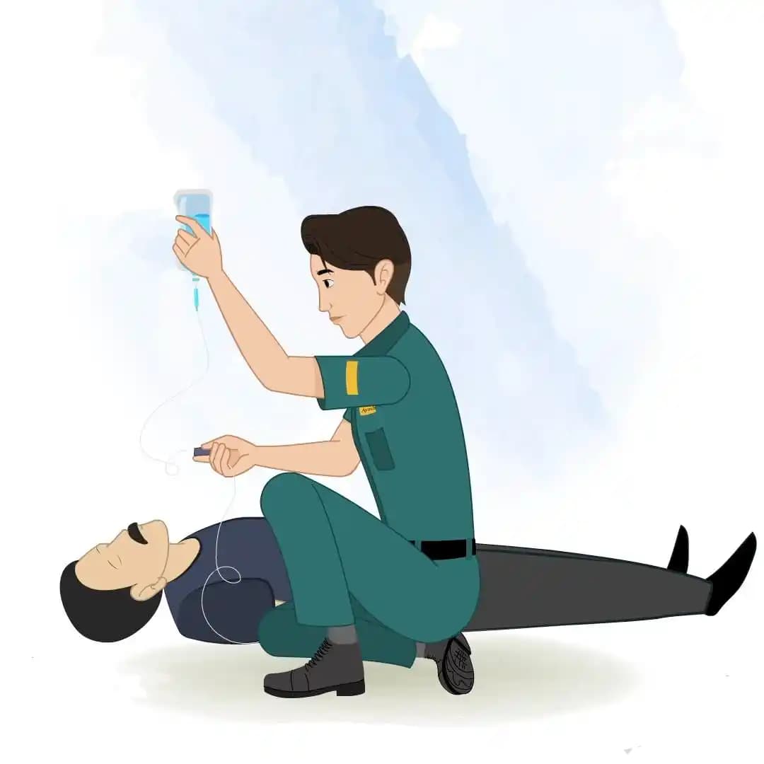 A paramedic man operating a patient animated cartoon character aka ben tennyson