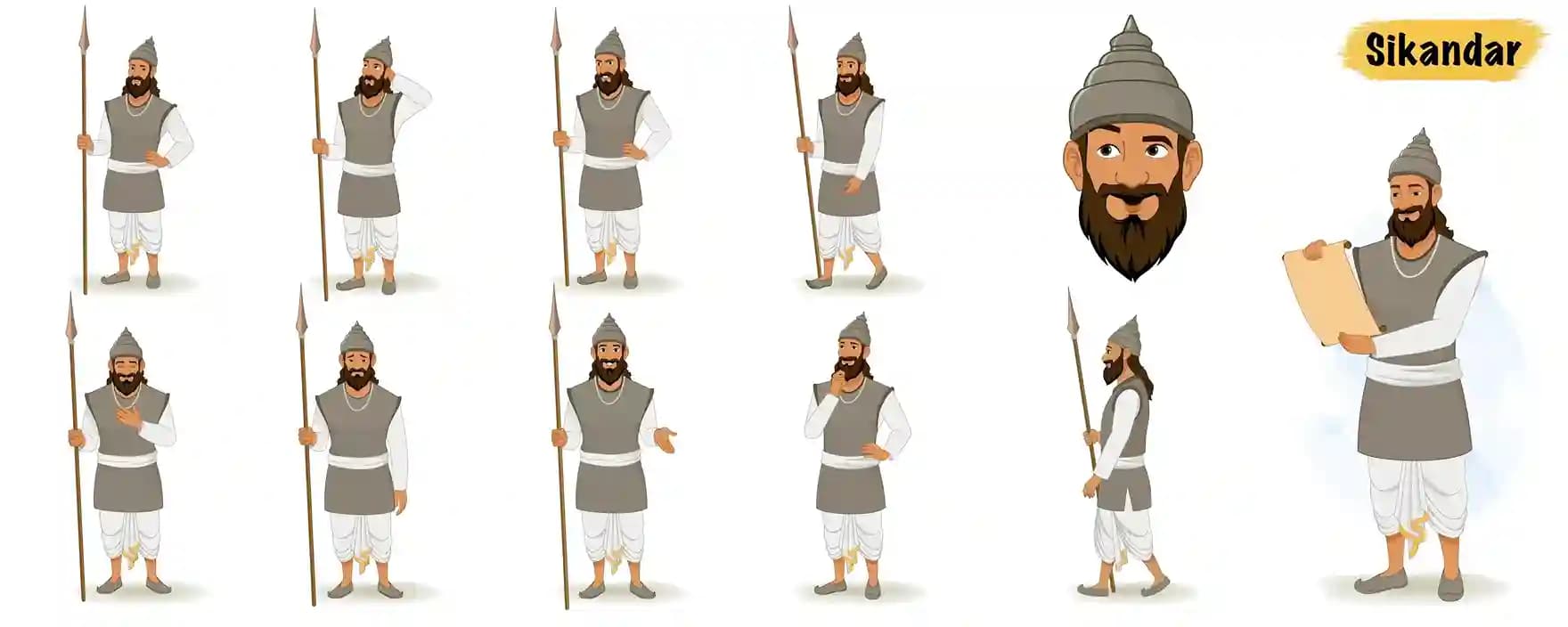 Sainik animated vector cartoon character Model sheet AKA Sikandar