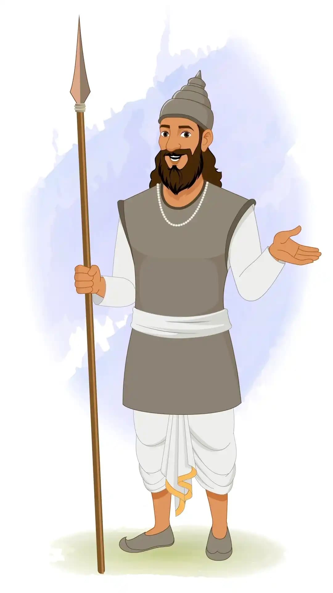 2D animated Indian soldier (sainik) in front view speaking with one hand outstretched and the other gripping a long spear, wearing a conical helmet, grey tunic, white dhoti, and beard, stylized cartoon AKA Sikandar