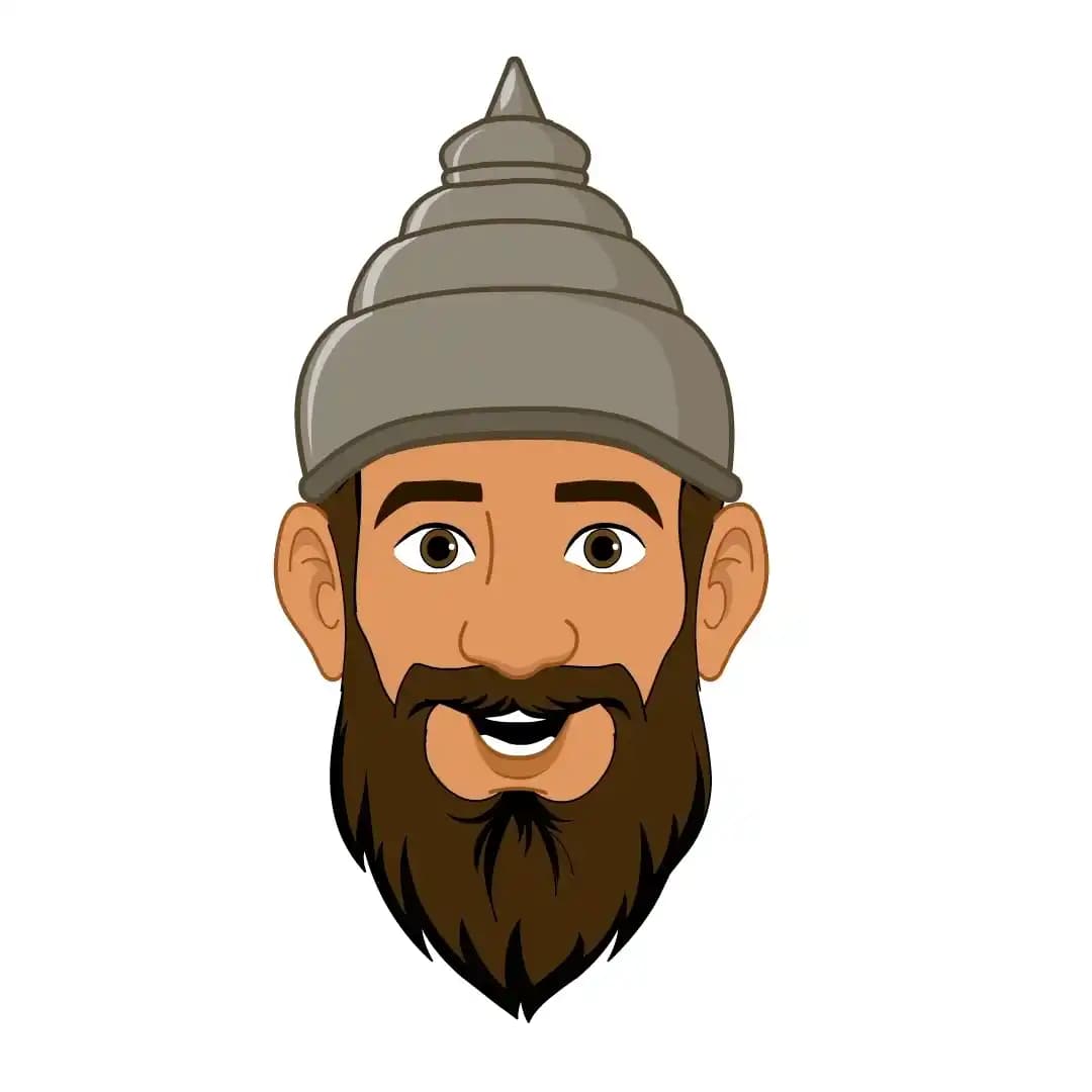 A single 2D vector cartoon model sheet featuring an Indian soldier (सैनिक/sainik) shown in uniform with his spear, displaying 10 distinct facial expressions—from neutral and greeting (namaste) to angry, confused, sad, annoyed, refusing (saying “no”), opening a scroll, and walking poses—all laid out together for easy animation reference AKA Sikandar