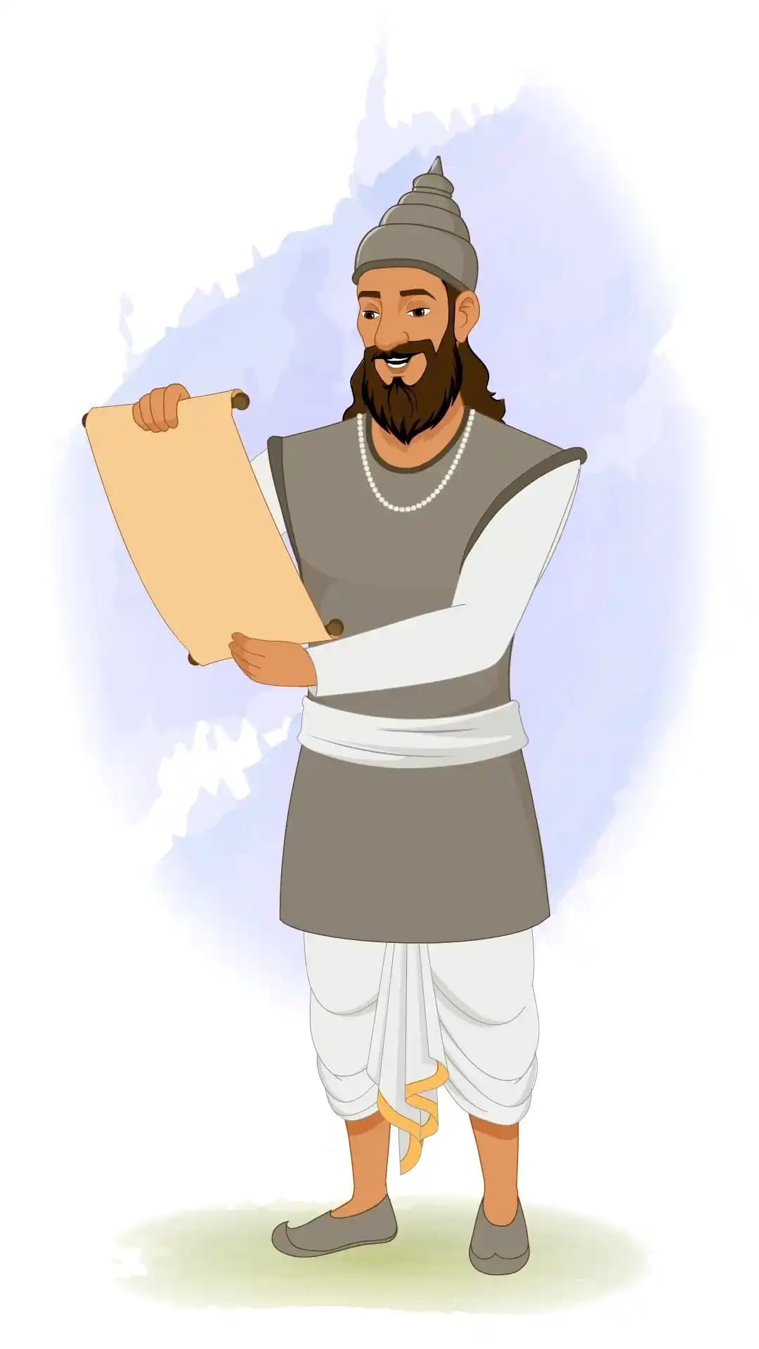 2D animated Indian soldier (sainik) in a one‑third front view holding and unrolling a parchment scroll with a pleased expression, wearing a conical helmet, grey tunic, white dhoti, and beard, stylized vector cartoon AKA Sikandar