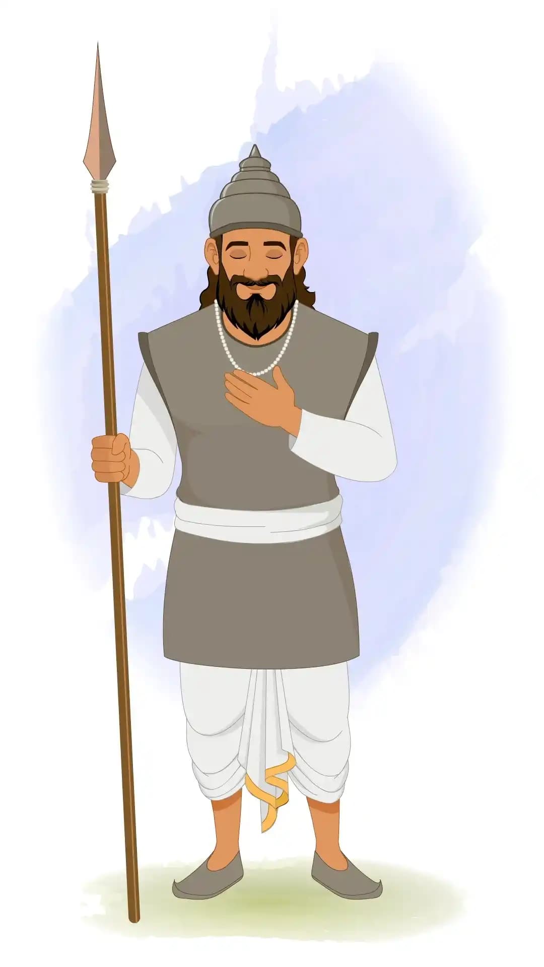 2D animated Indian soldier (sainik) standing full‑front, holding a spear in one hand and placing the other hand on his chest in a respectful greeting (namaste), wearing a conical helmet, grey tunic, white dhoti, and beard, stylized vector cartoon AKA Sikandar
