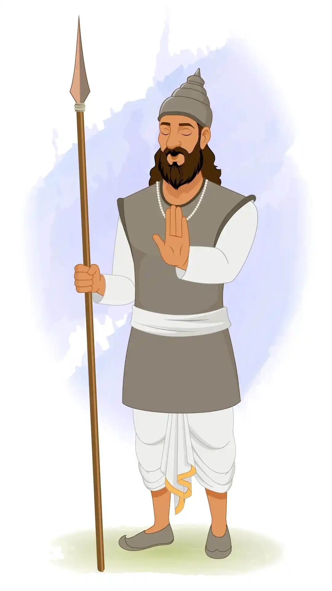 2D animated Indian soldier (sainik) in a one‑third front view with eyes closed and hand raised in a stop gesture while holding a long spear, wearing a conical helmet, grey tunic, and white dhoti, stylized vector cartoon AKA Sikandar