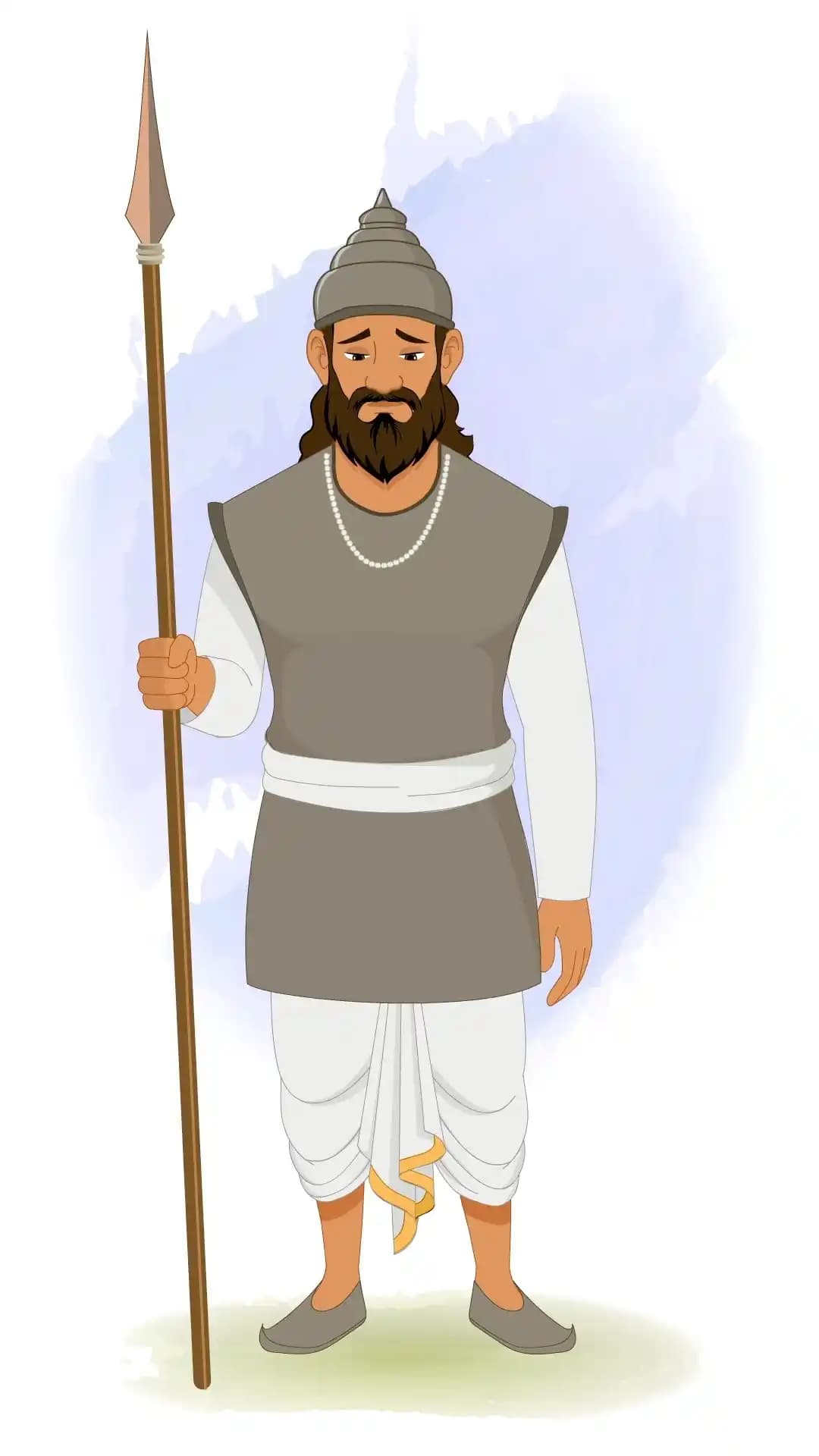 2D vector cartoon of an Indian soldier in a front‑facing view holding his spear, head and shoulders slumped with drooping eyebrows and a downturned mouth, expressing sadness