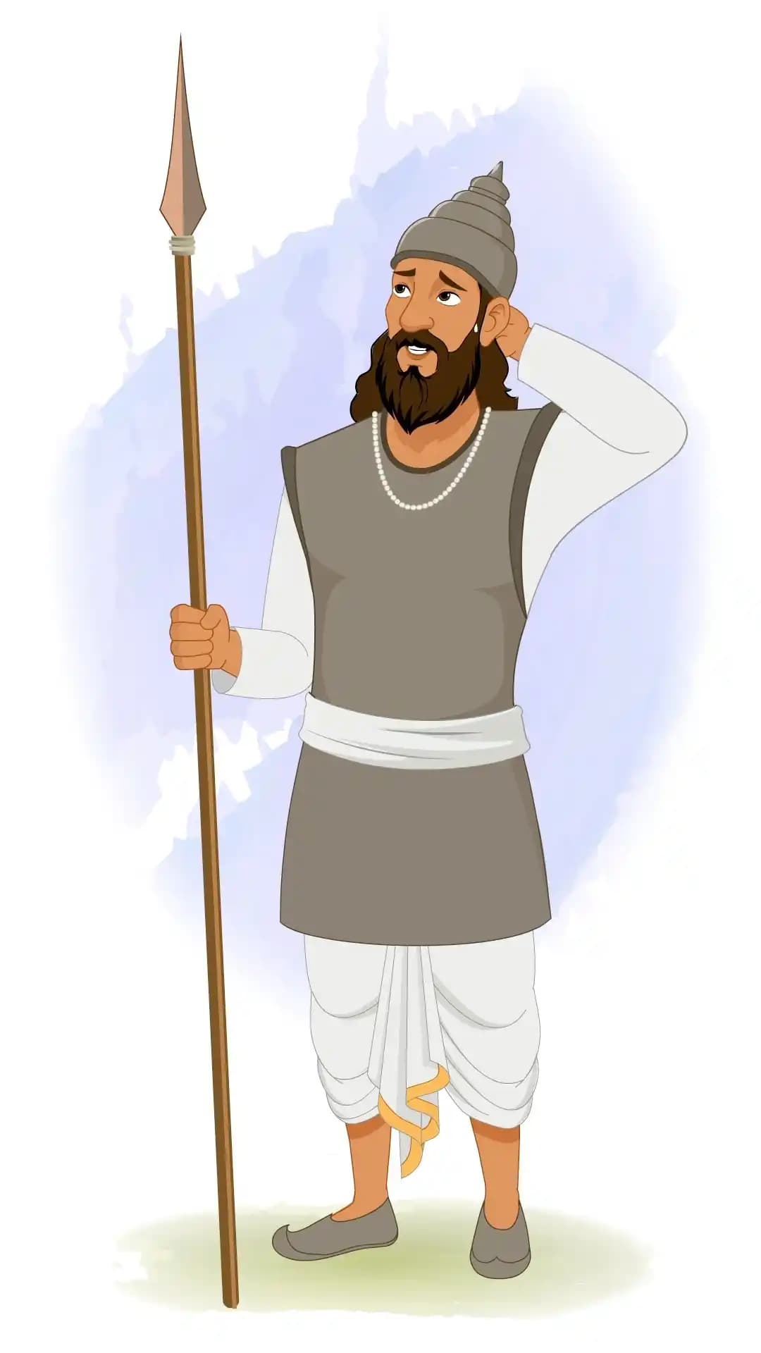 3/4‑view Indian soldier (sainik) nervously scratching his head while holding a spear, vector cartoon style, 2D character animation asset AKA Sikandar
