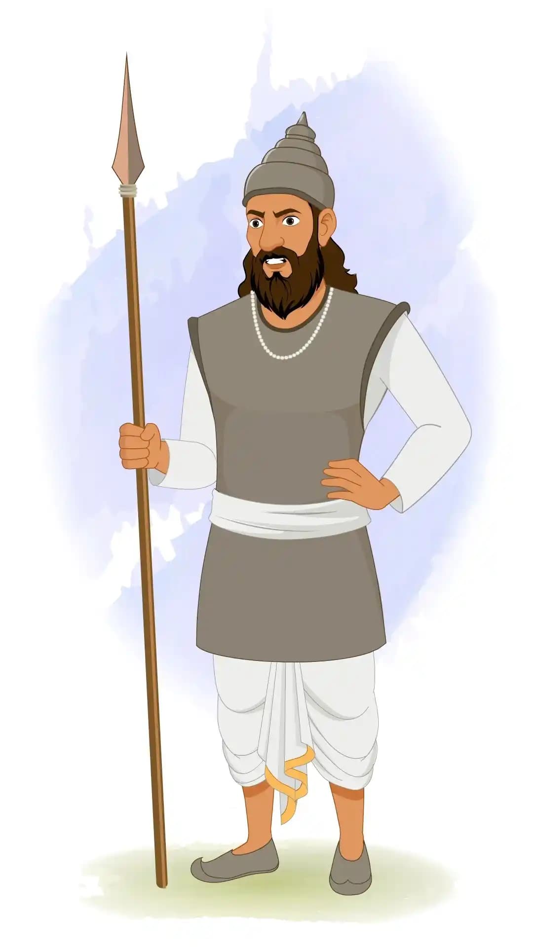 2D animated Indian soldier (sainik) in a three‑quarter view facing left, gripping a spear in one hand and placing the other on his hip with an angry scowl, wearing a conical helmet, grey tunic, white dhoti, and beard, vector cartoon style AKA Sikandar