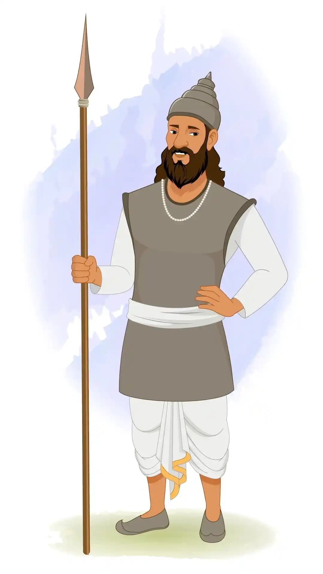 2D animated Indian soldier (sainik) in a one‑third front view with a stern, annoyed expression, one hand on hip and the other gripping a long spear, wearing a conical helmet, grey tunic, and white dhoti, stylized vector cartoon AKA Sikandar