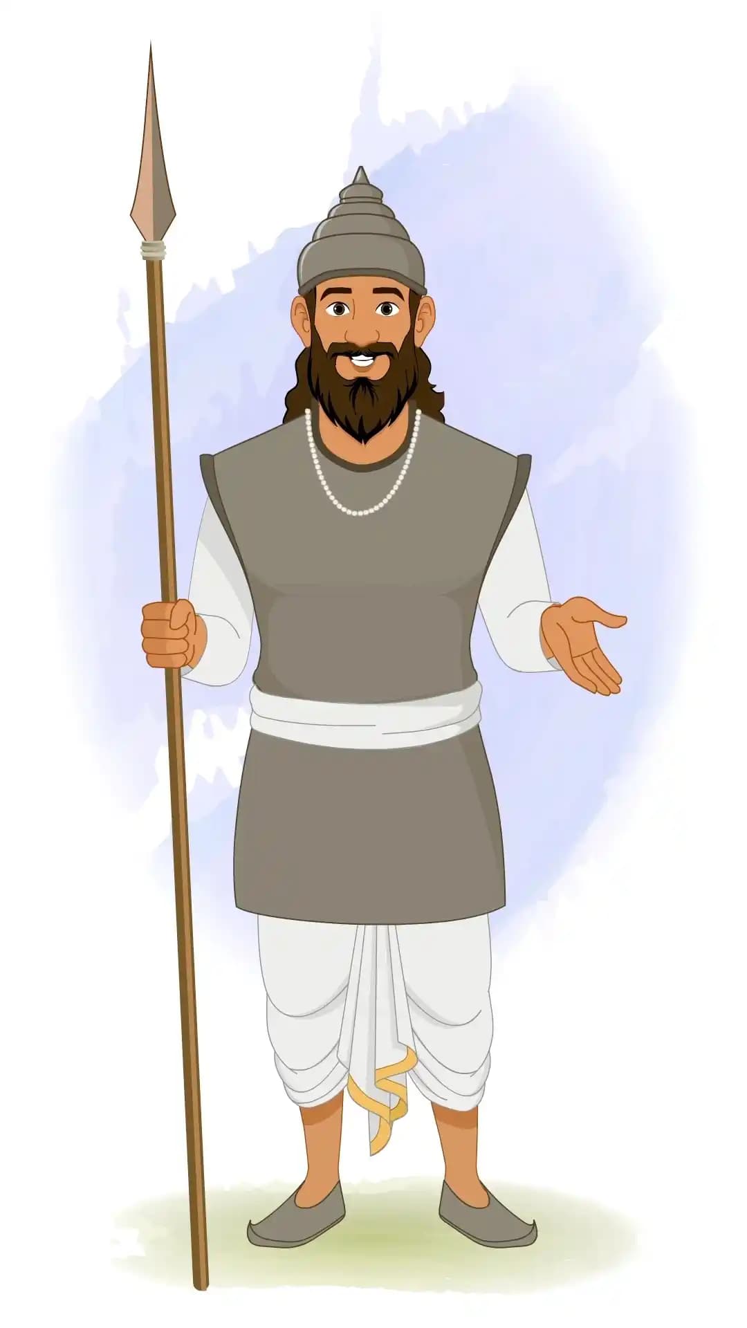 2D animated Indian soldier (sainik) front view speaking with one hand gesturing and the other holding a spear, stylized vector cartoon AKA Sikandar