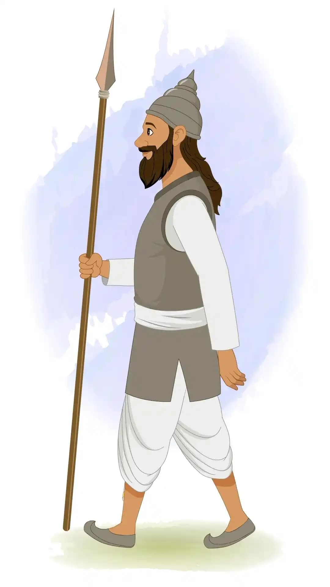 2D animated Indian soldier (sainik) walking in profile (side view) with spear in hand, wearing a conical helmet, grey tunic, and white dhoti, stylized vector cartoon AKA Sikandar