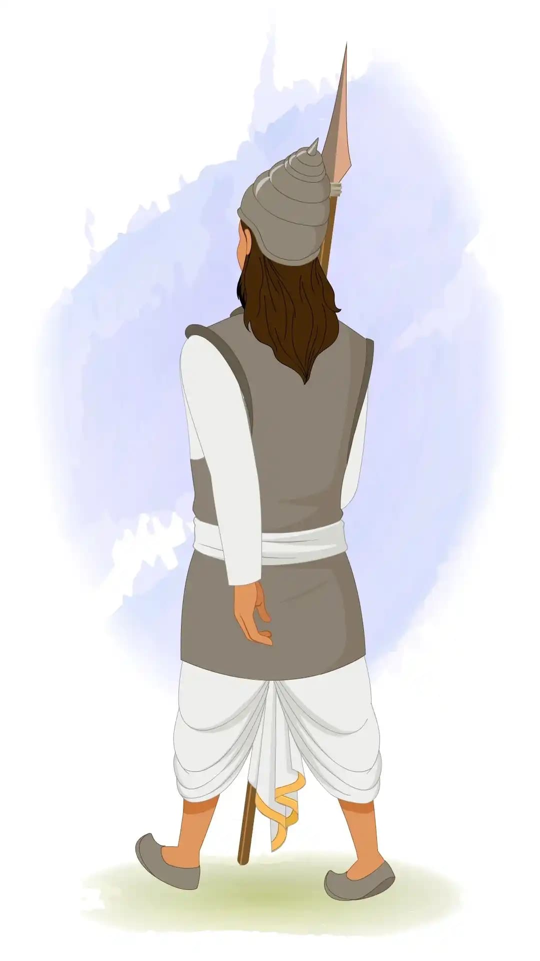 2D animated Indian soldier (sainik) viewed from a one‑third back angle, walking with a forward step and holding a spear over his shoulder, wearing a conical helmet, grey tunic, and white dhoti, stylized vector cartoon AKA Sikandar