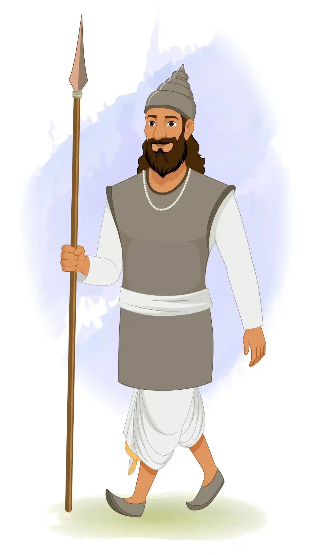 2D animated Indian soldier (sainik) walking in a one‑third front view with a forward step and swinging arm, holding a long spear in his other hand, wearing a conical helmet, grey tunic, white dhoti, and beard, stylized vector cartoon AKA Sikandar