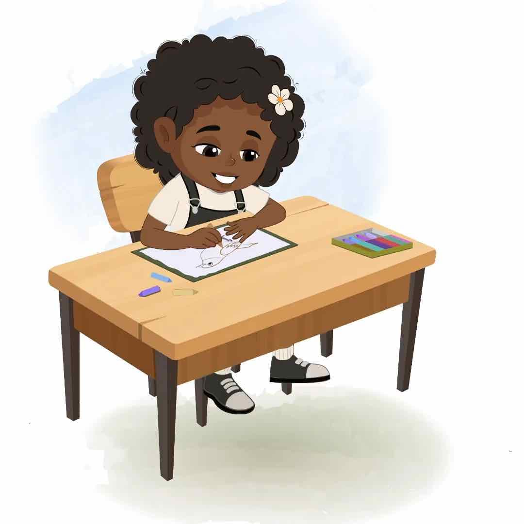A little African girl doing coloring animated vector cartoon character AKA Naomi