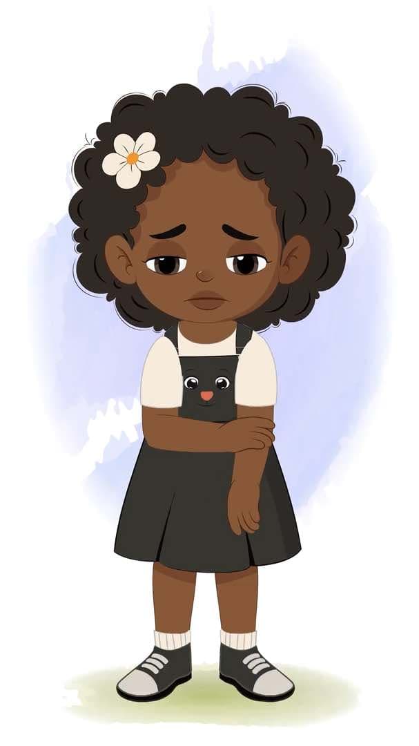 A little African sad girl animated vector cartoon character AKA Naomi