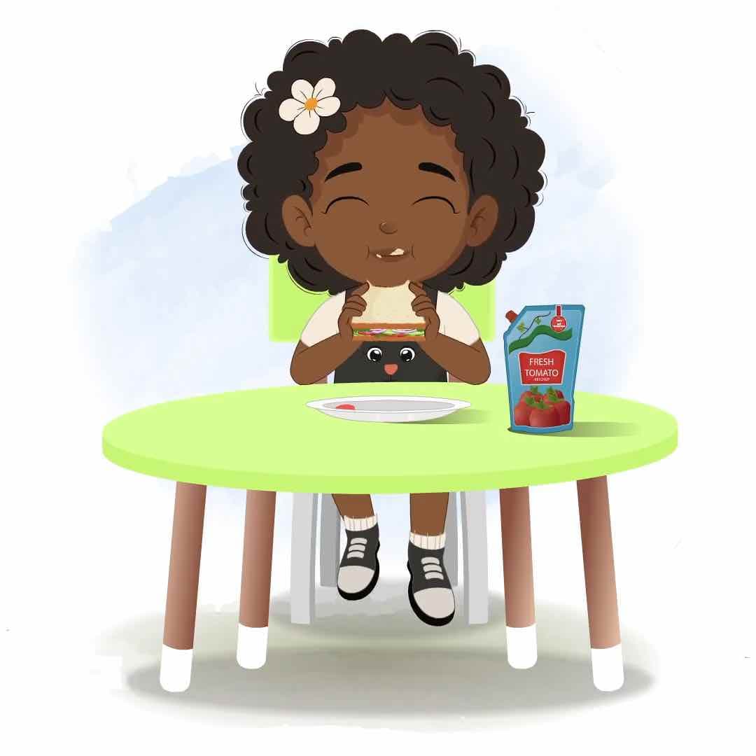 A little African girl eating sandwich animated vector cartoon character AKA Naomi