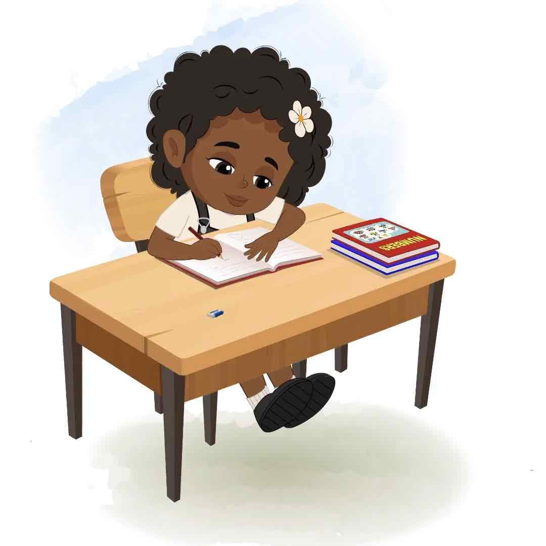 A little African girl writing in notebook animated vector cartoon character AKA Naomi